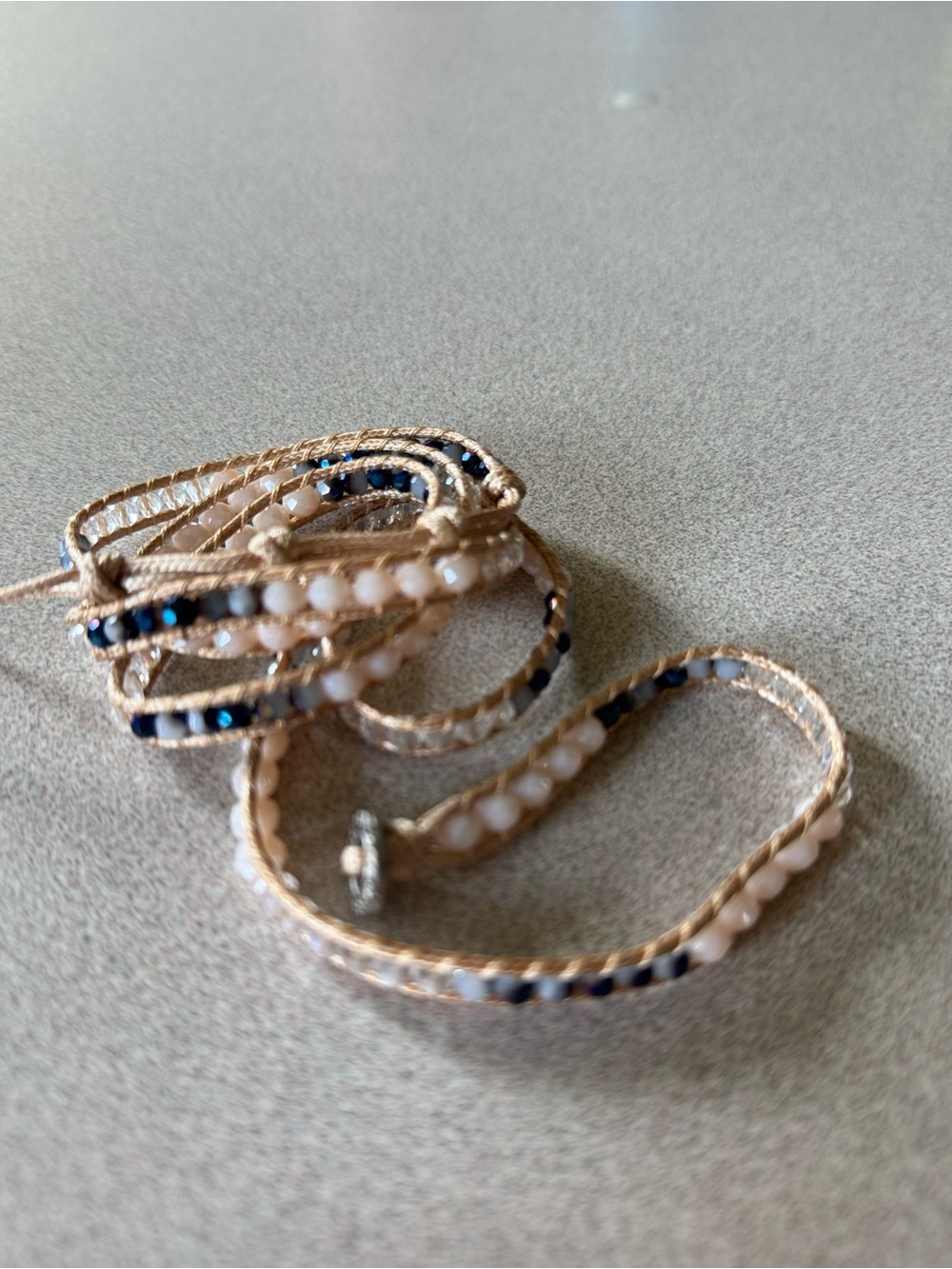 Beige and Navy Beaded Wrap Bracelet